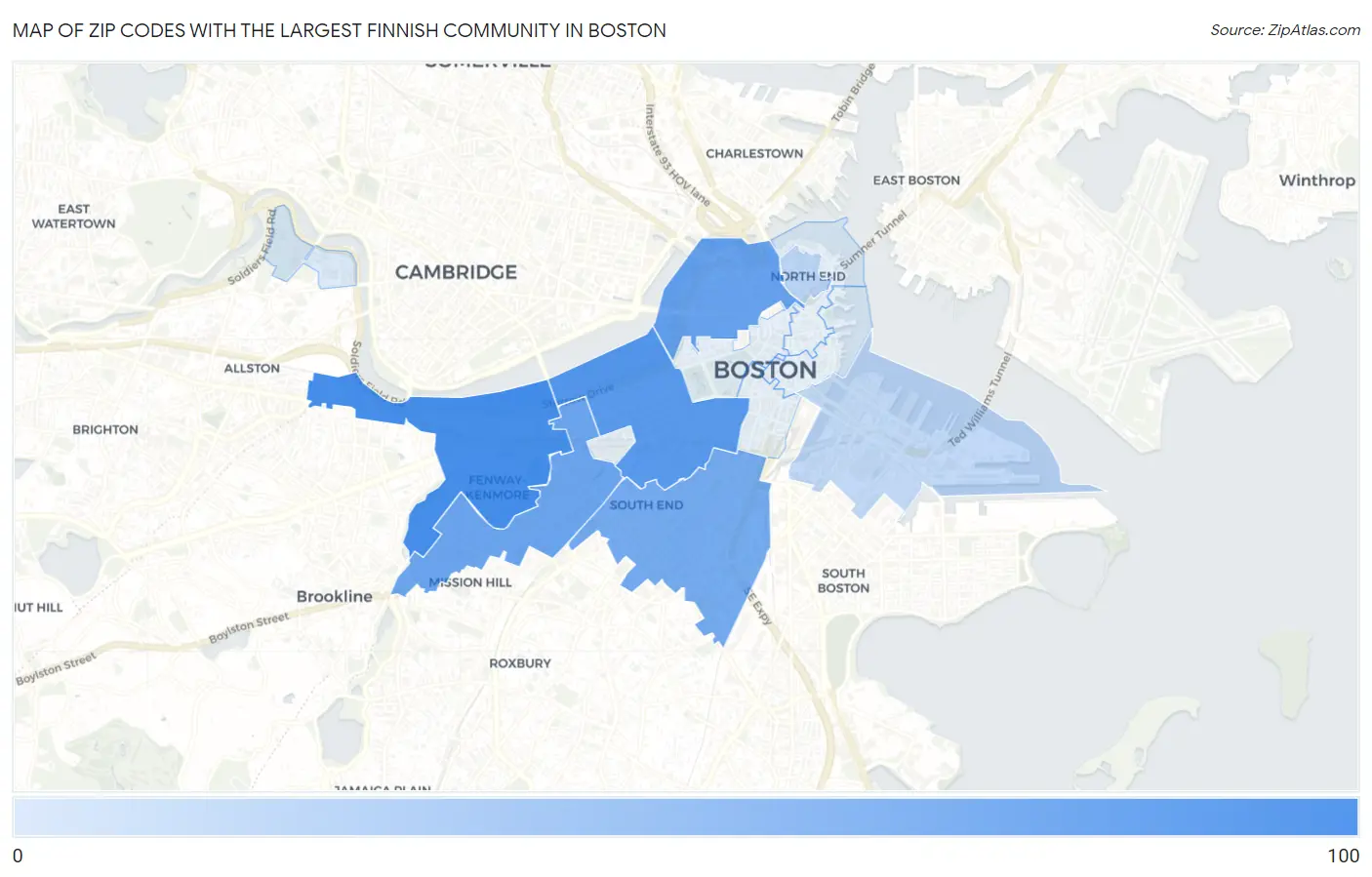 Zip Codes with the Largest Finnish Community in Boston Map