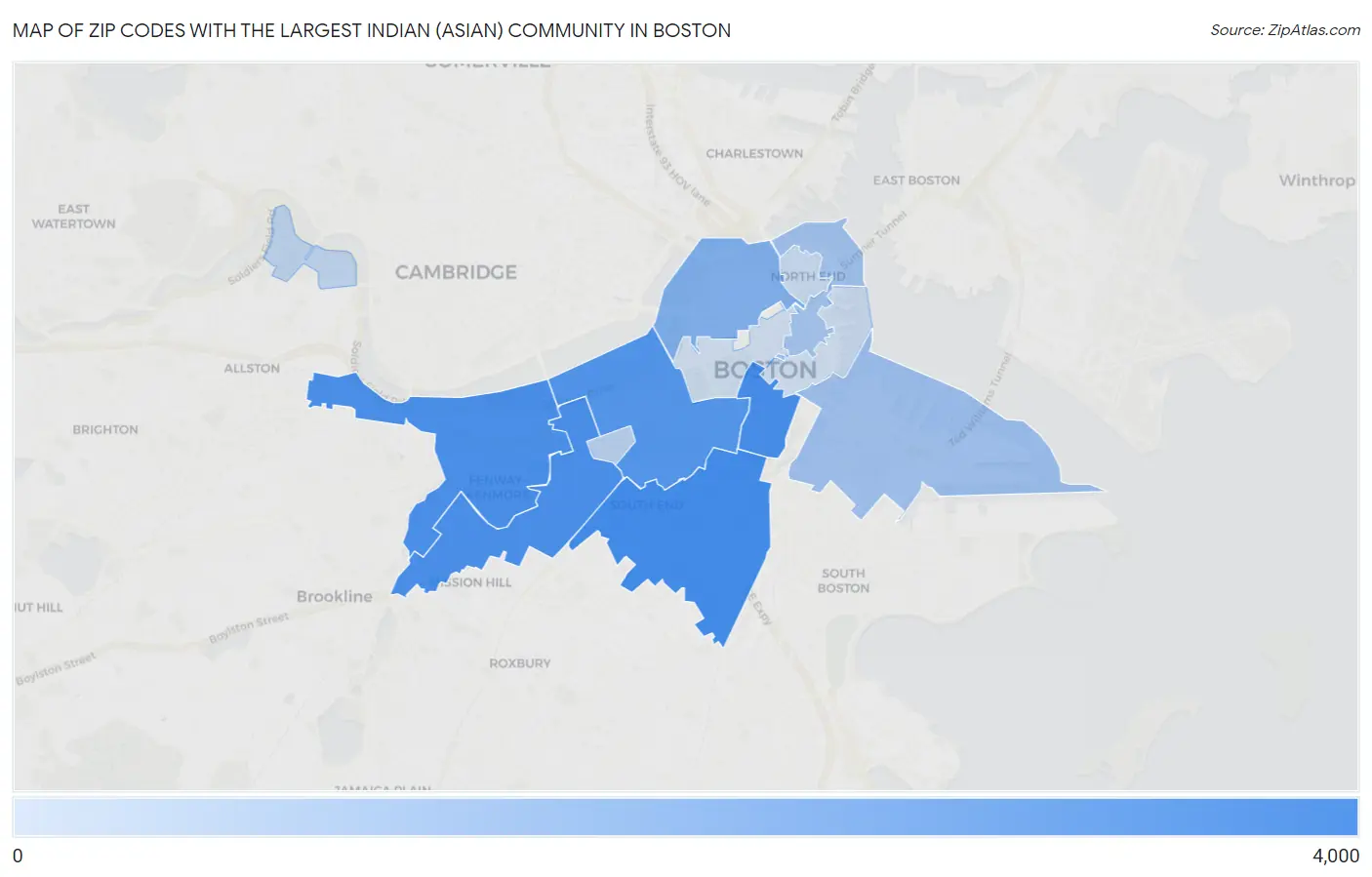 Zip Codes with the Largest Indian (Asian) Community in Boston Map