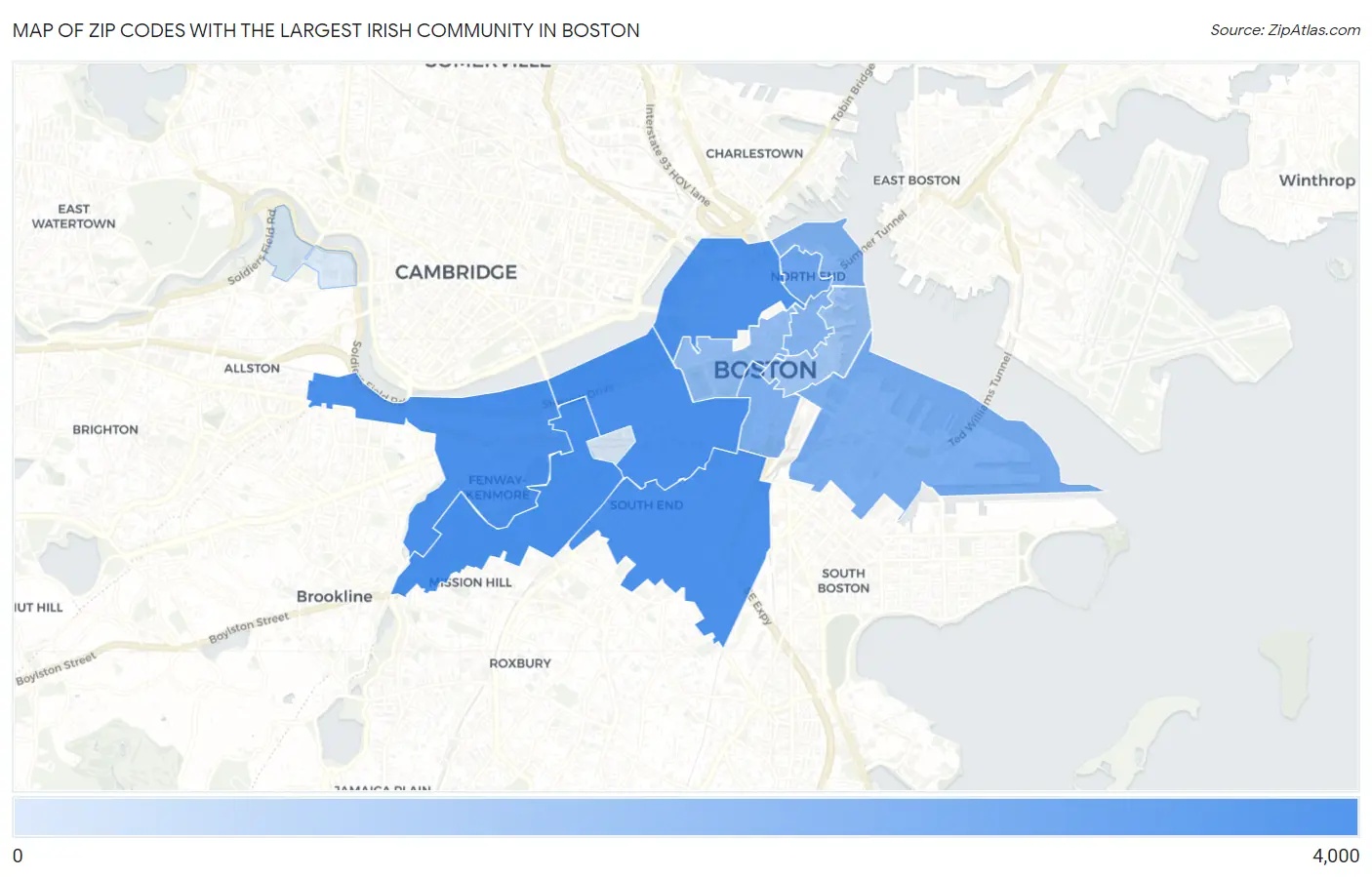 Zip Codes with the Largest Irish Community in Boston Map
