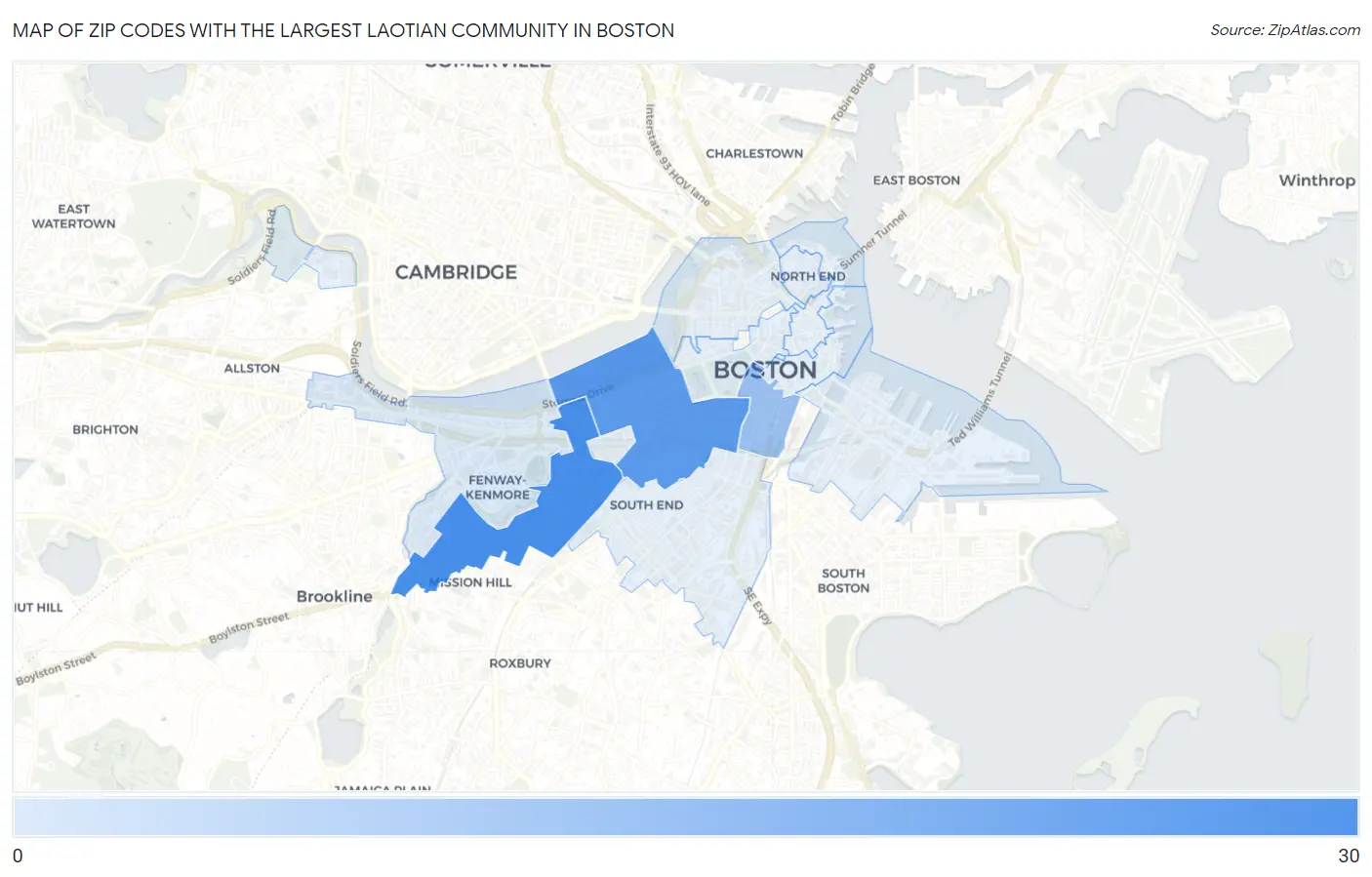 Zip Codes with the Largest Laotian Community in Boston Map