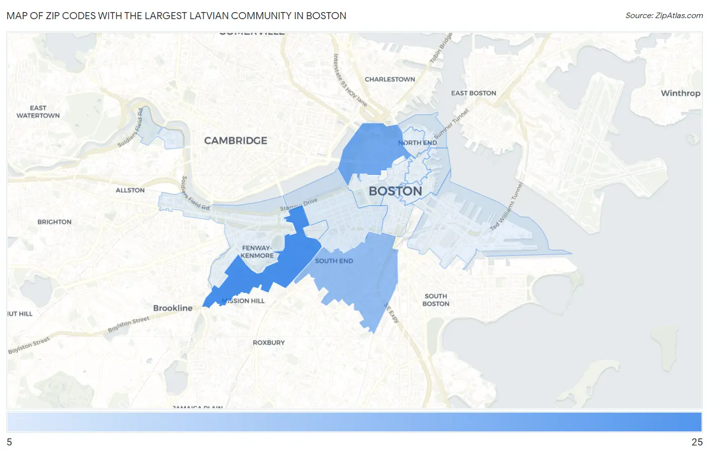 Zip Codes with the Largest Latvian Community in Boston Map