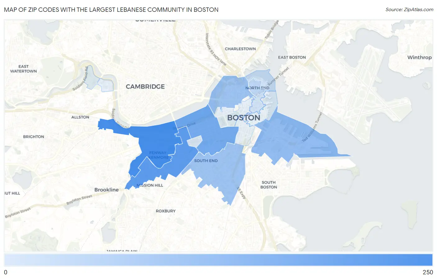 Zip Codes with the Largest Lebanese Community in Boston Map