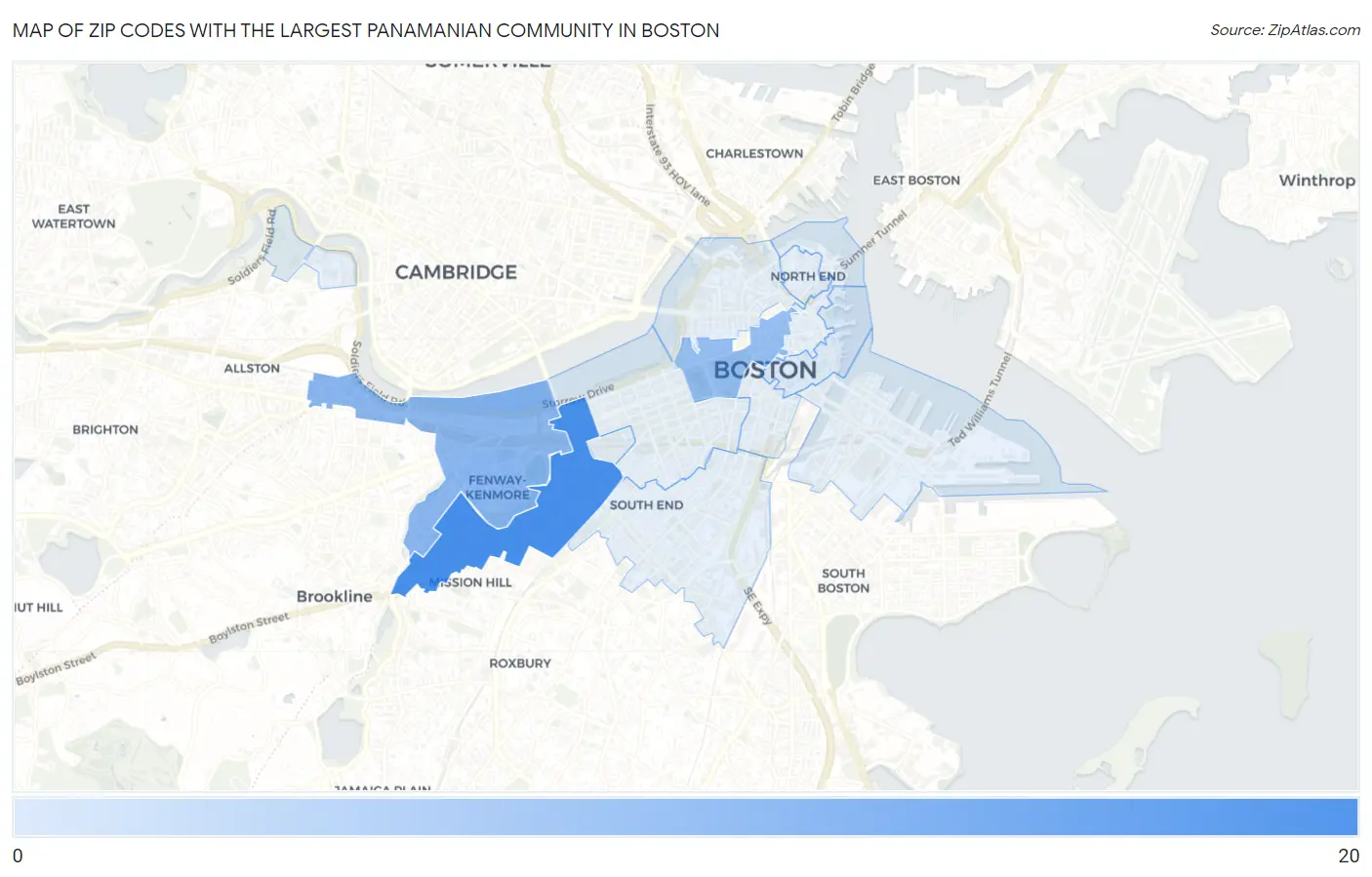 Zip Codes with the Largest Panamanian Community in Boston Map