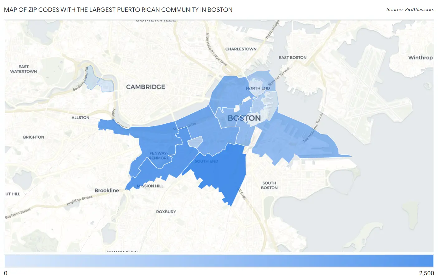 Zip Codes with the Largest Puerto Rican Community in Boston Map