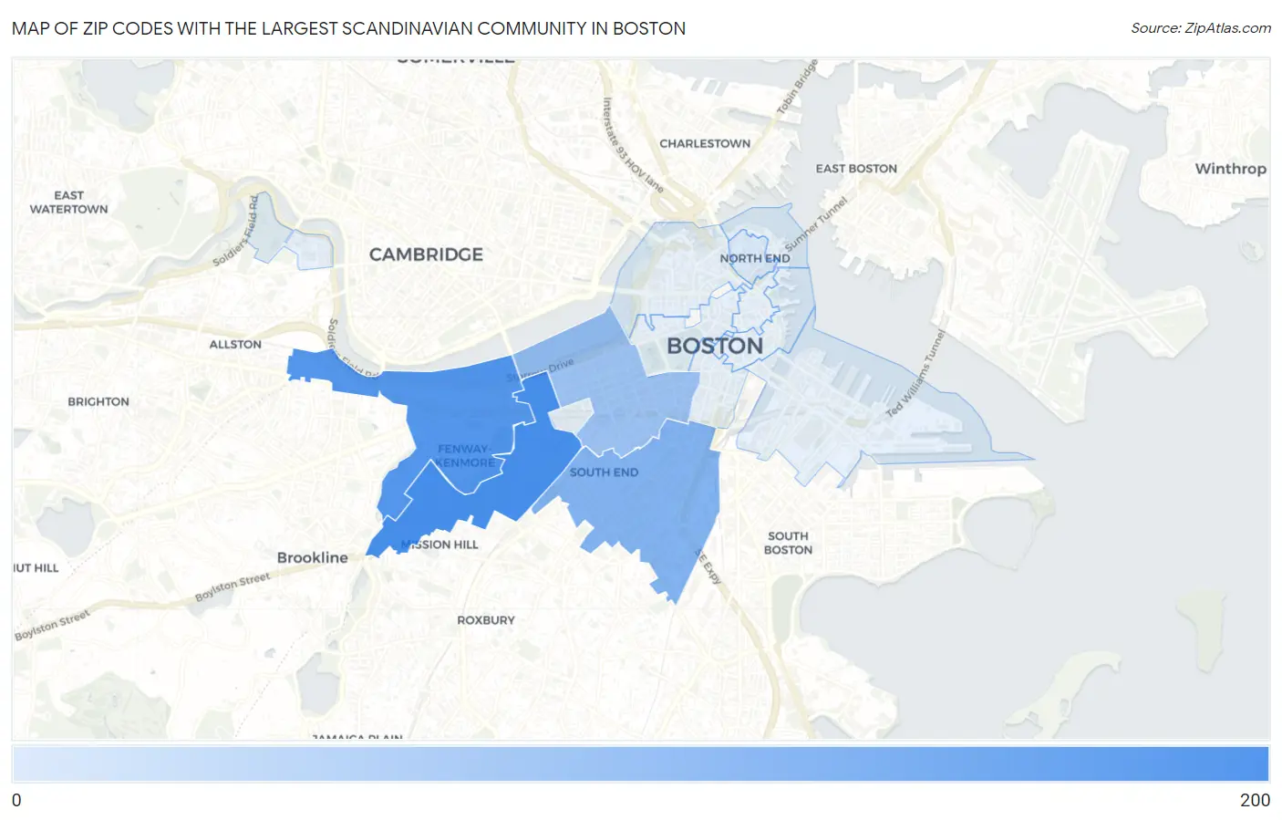Zip Codes with the Largest Scandinavian Community in Boston Map
