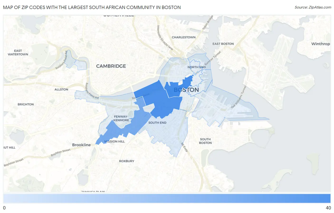 Zip Codes with the Largest South African Community in Boston Map