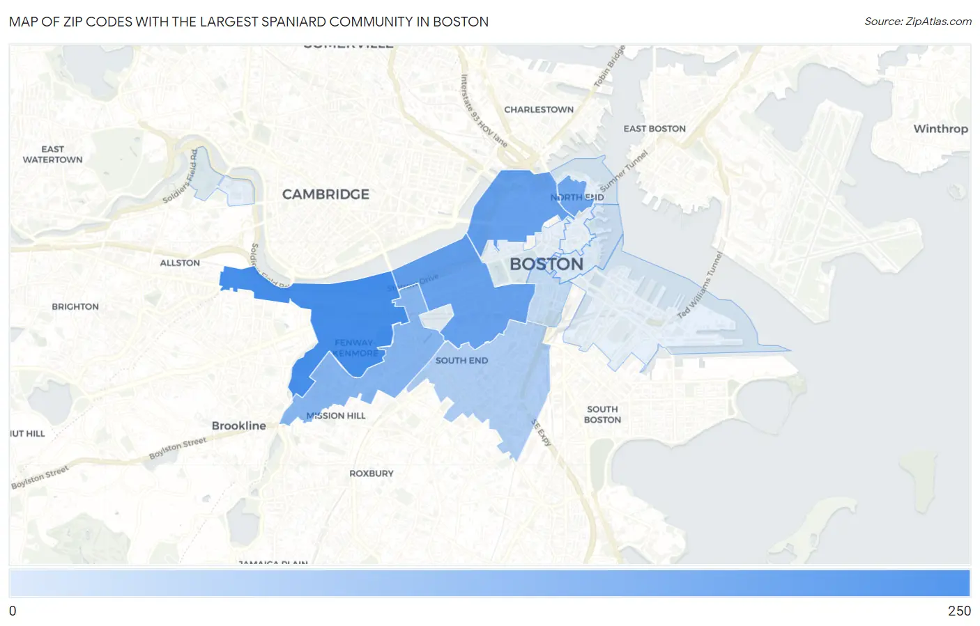 Zip Codes with the Largest Spaniard Community in Boston Map