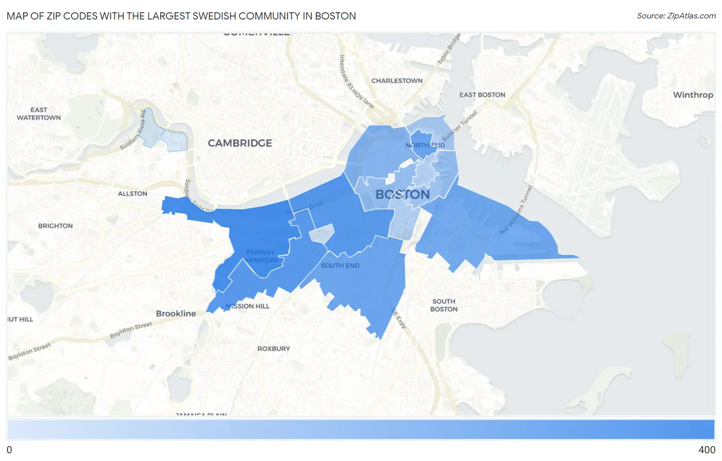 Zip Codes with the Largest Swedish Community in Boston Map