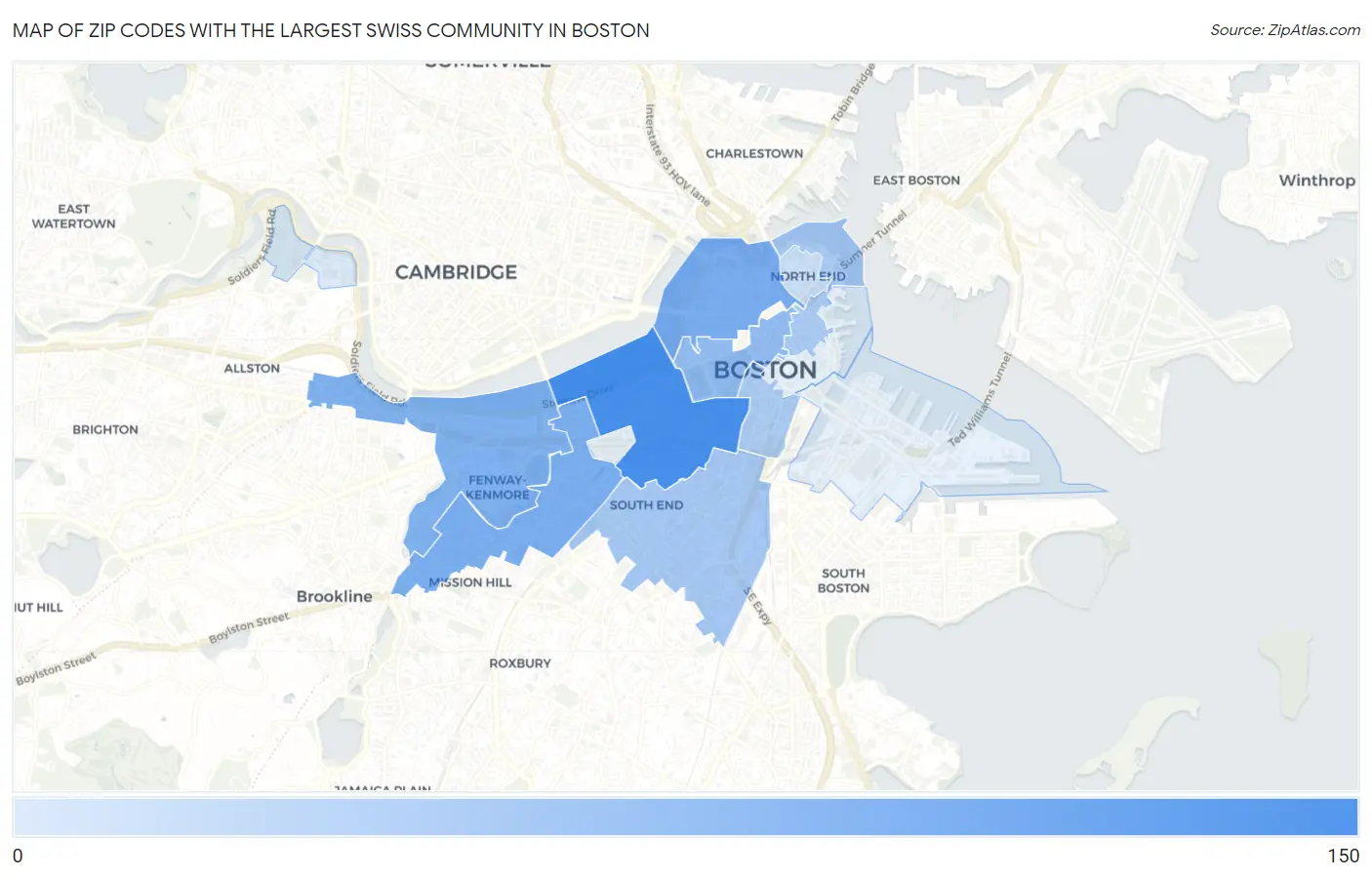 Zip Codes with the Largest Swiss Community in Boston Map