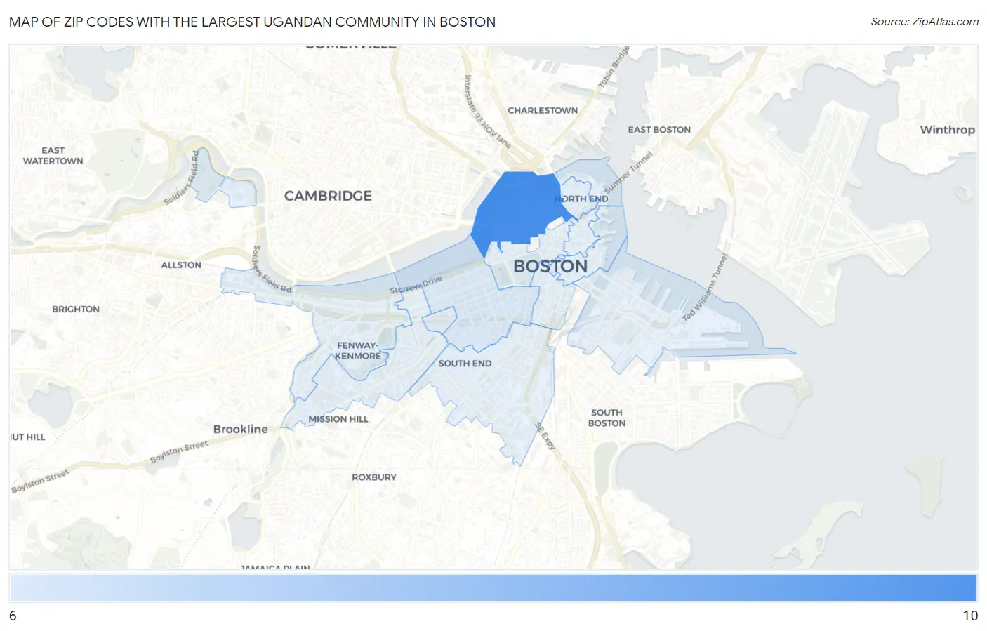 Zip Codes with the Largest Ugandan Community in Boston Map