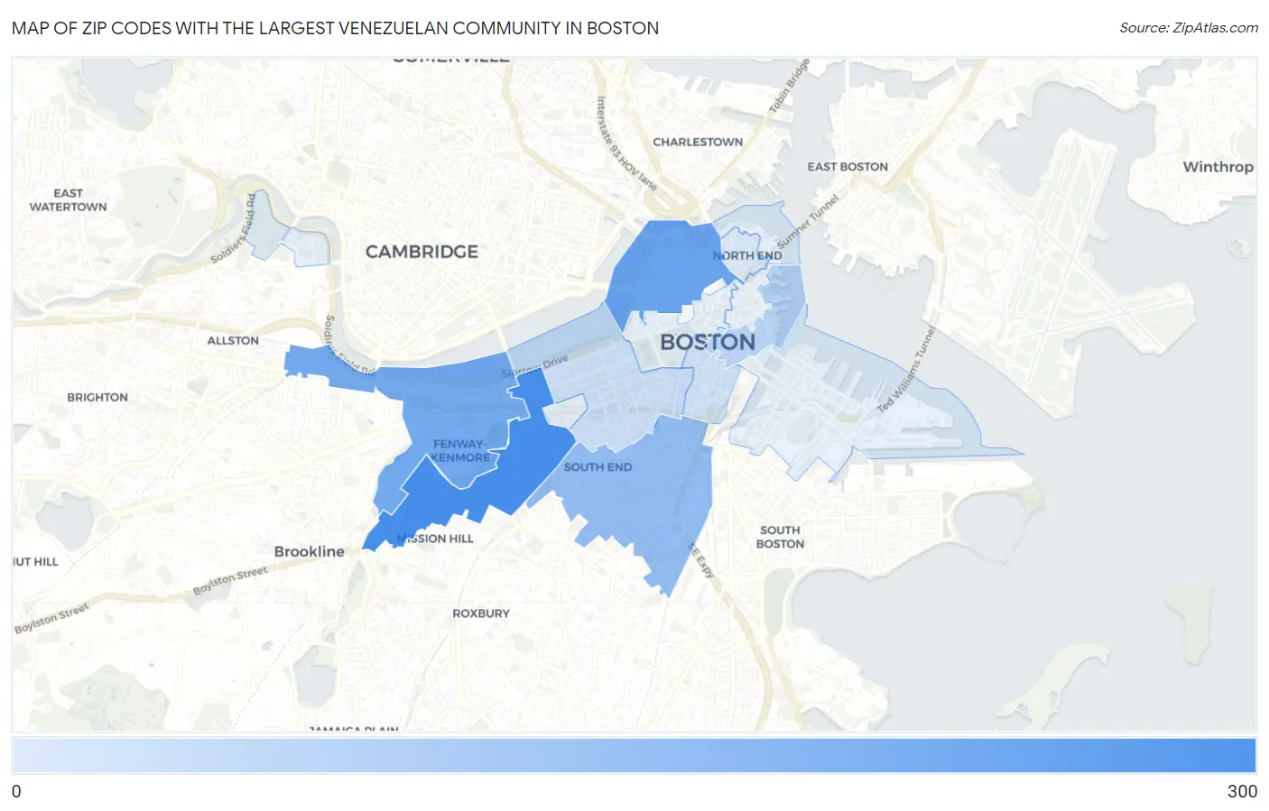 Zip Codes with the Largest Venezuelan Community in Boston Map