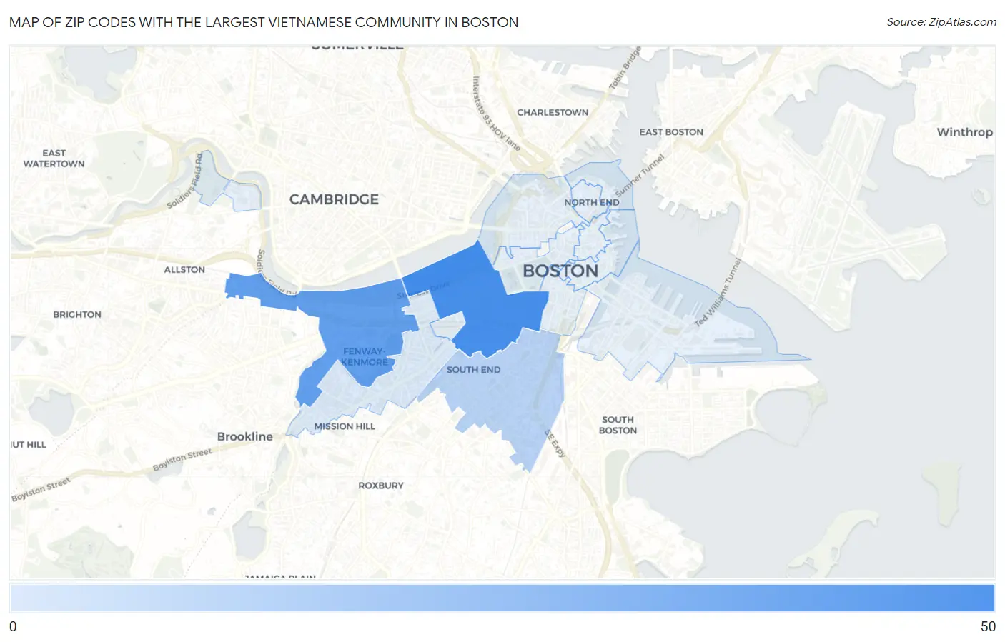 Zip Codes with the Largest Vietnamese Community in Boston Map