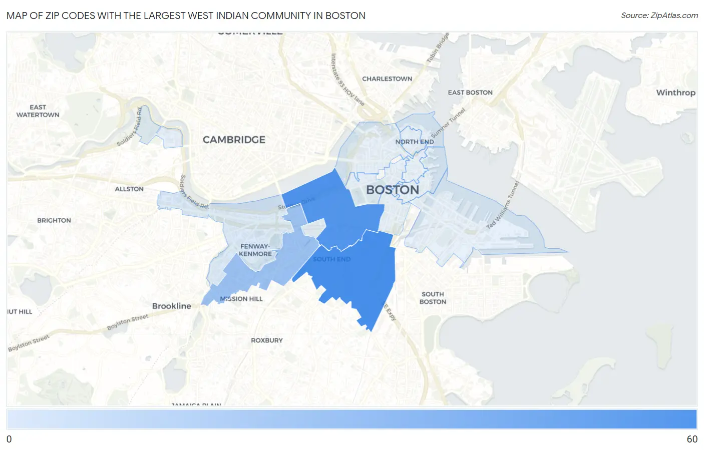 Zip Codes with the Largest West Indian Community in Boston Map