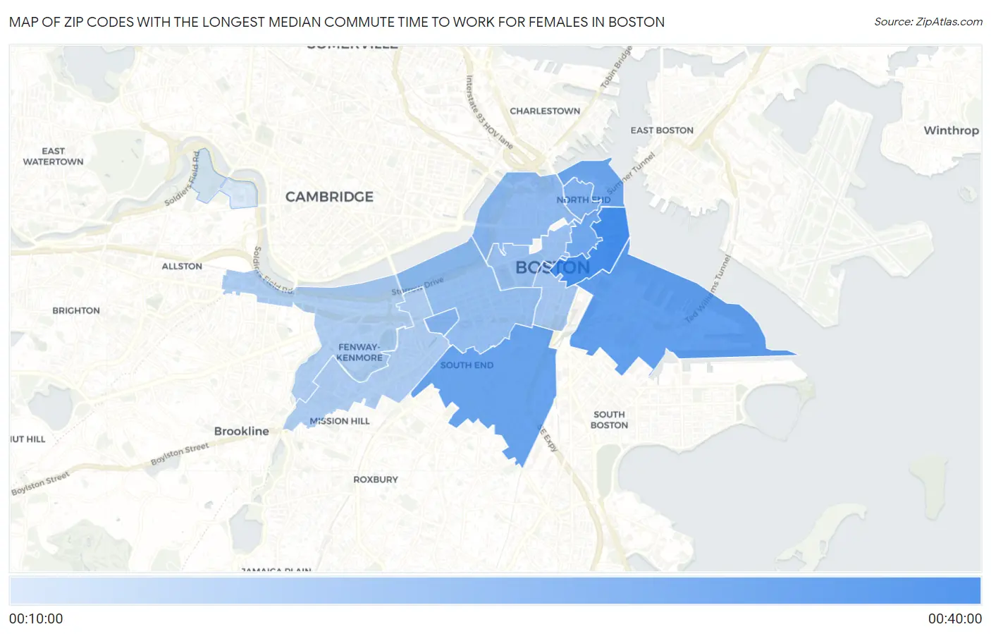 Zip Codes with the Longest Median Commute Time to Work for Females in Boston Map
