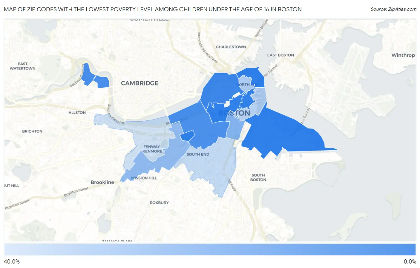 Zip Codes with the Lowest Poverty Level Among Children Under the Age of 16 in Boston Map