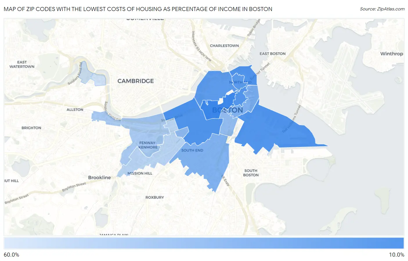 Zip Codes with the Lowest Costs of Housing as Percentage of Income in Boston Map