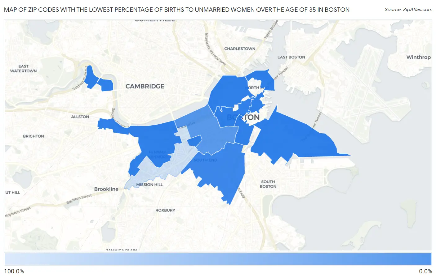 Zip Codes with the Lowest Percentage of Births to Unmarried Women over the Age of 35 in Boston Map