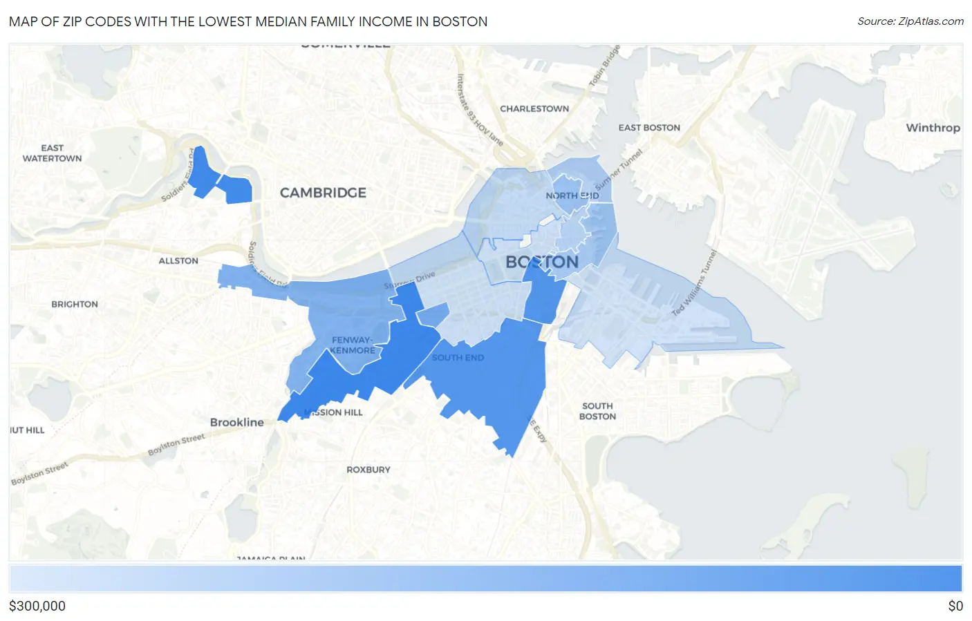 Zip Codes with the Lowest Median Family Income in Boston Map