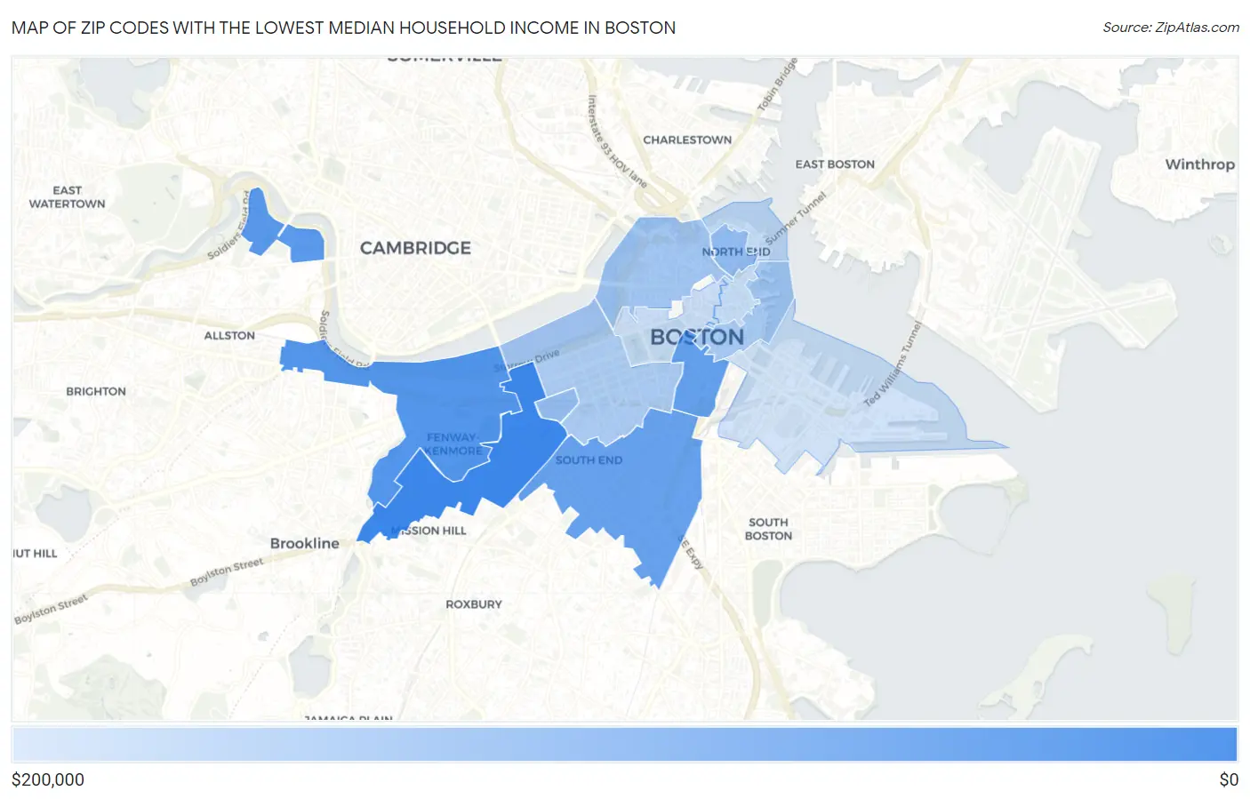 Zip Codes with the Lowest Median Household Income in Boston Map