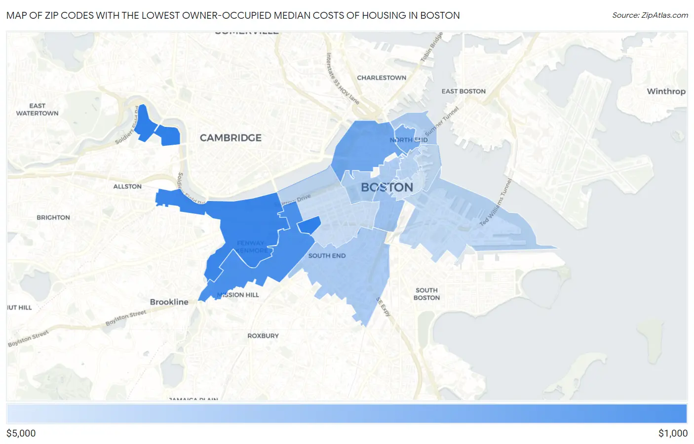 Zip Codes with the Lowest Owner-Occupied Median Costs of Housing in Boston Map