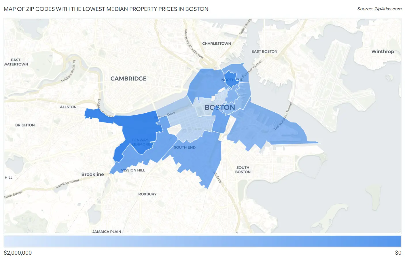 Zip Codes with the Lowest Median Property Prices in Boston Map