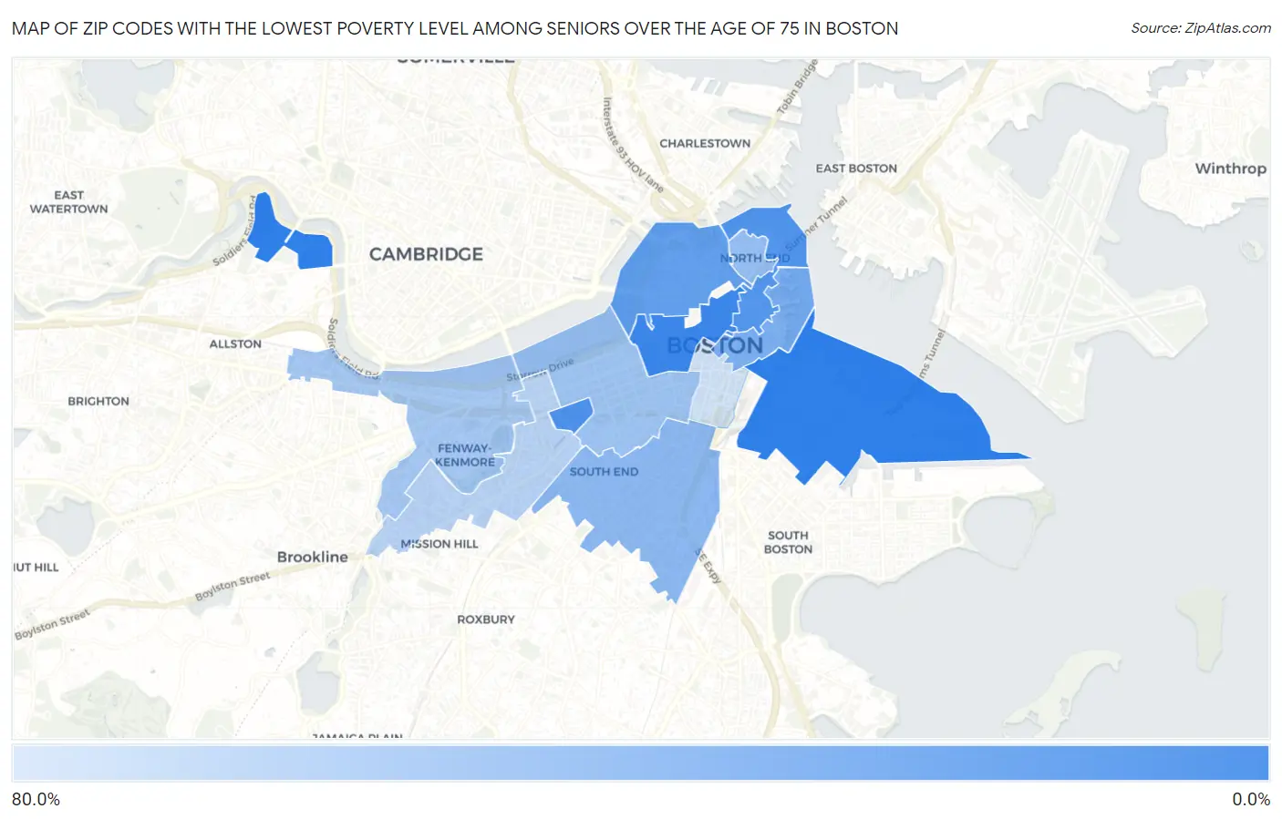 Zip Codes with the Lowest Poverty Level Among Seniors Over the Age of 75 in Boston Map