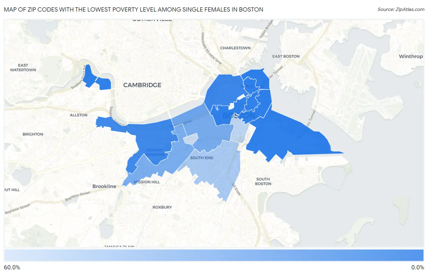 Zip Codes with the Lowest Poverty Level Among Single Females in Boston Map