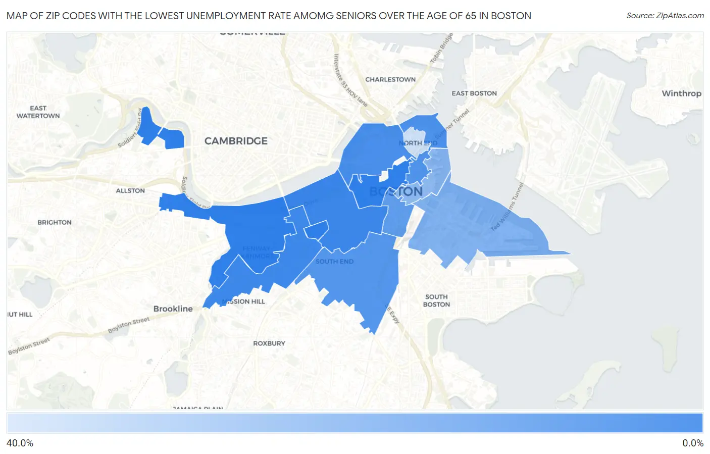 Zip Codes with the Lowest Unemployment Rate Amomg Seniors Over the Age of 65 in Boston Map
