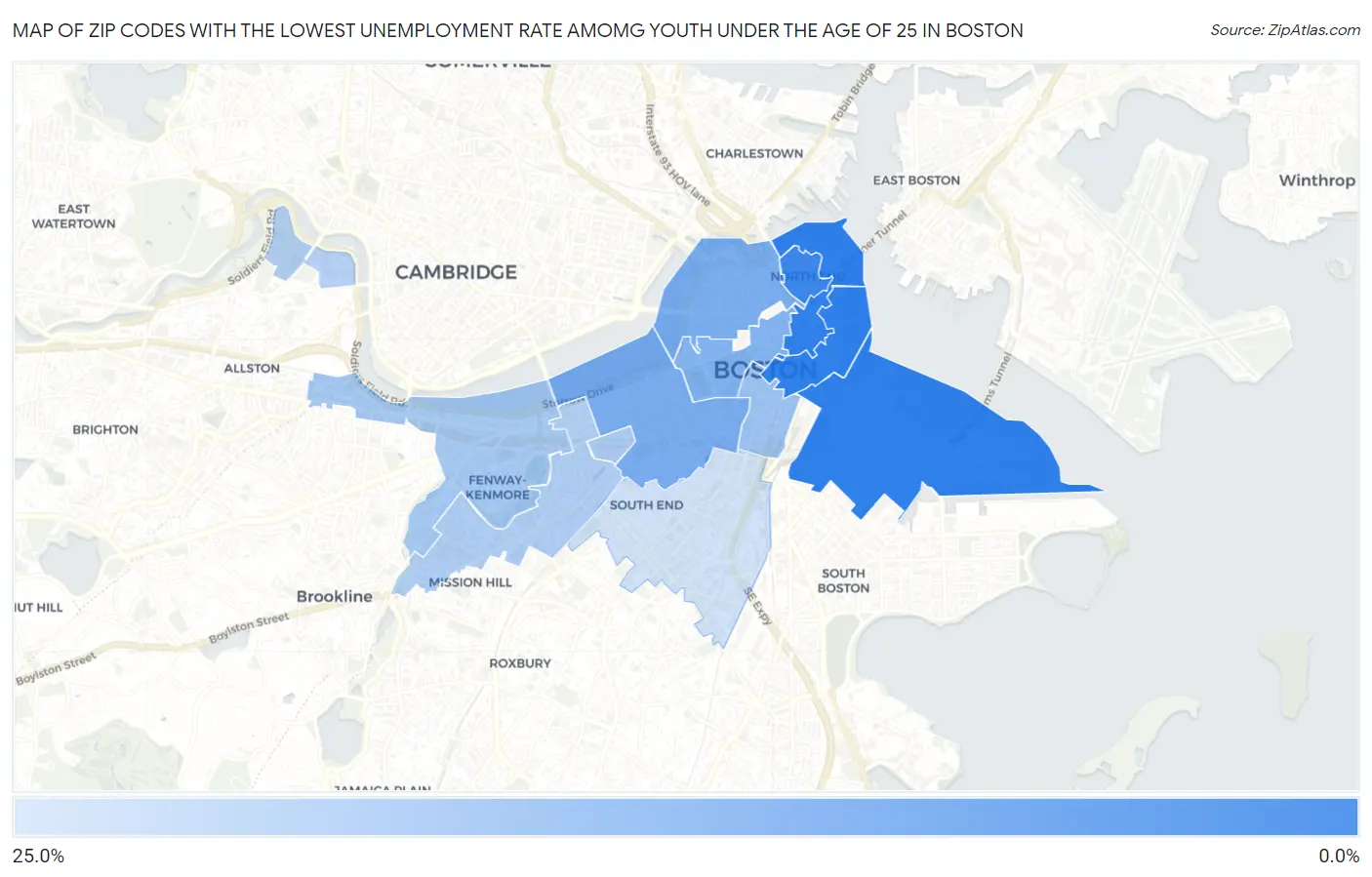Zip Codes with the Lowest Unemployment Rate Amomg Youth Under the Age of 25 in Boston Map