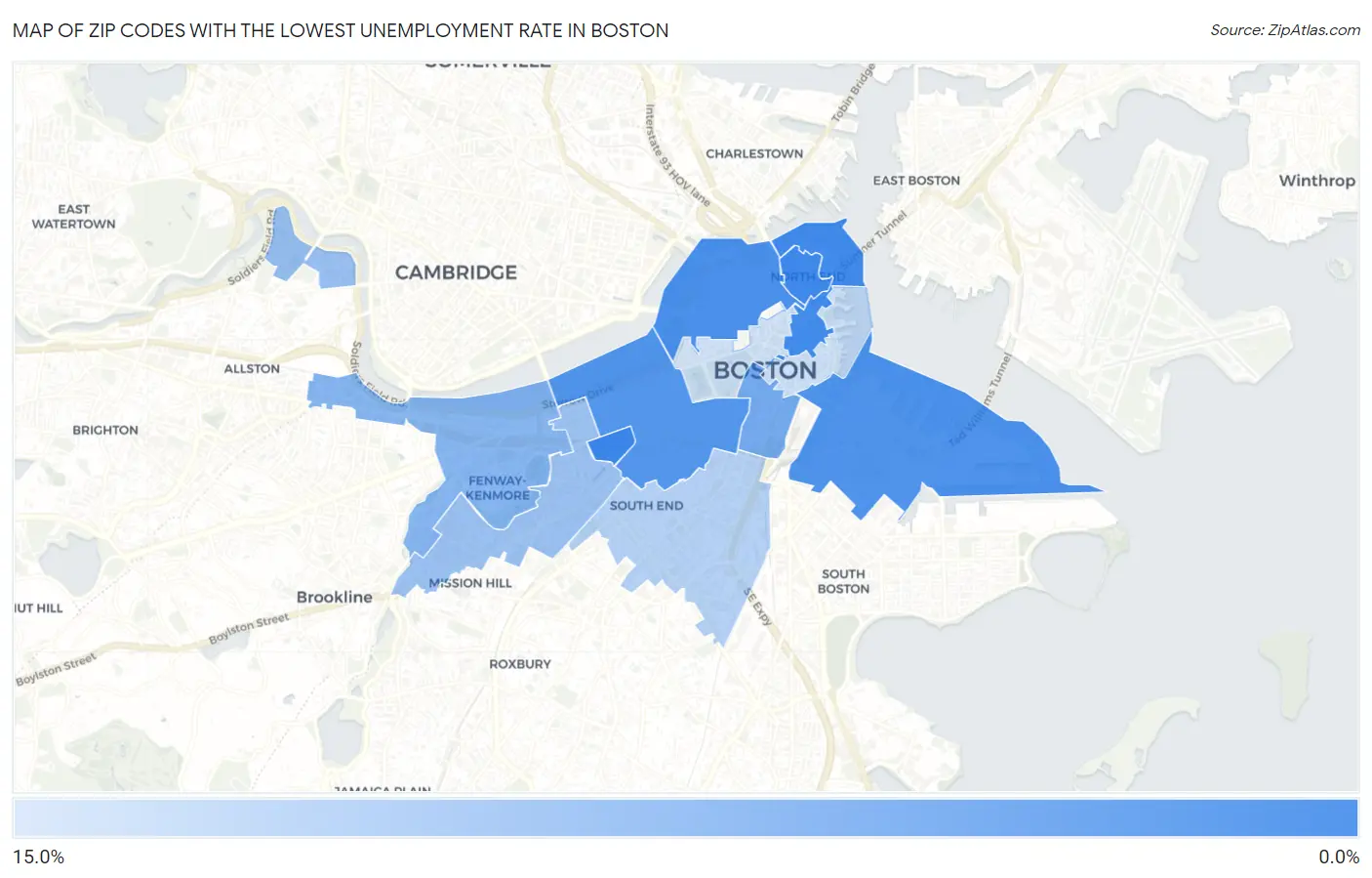 Zip Codes with the Lowest Unemployment Rate in Boston Map