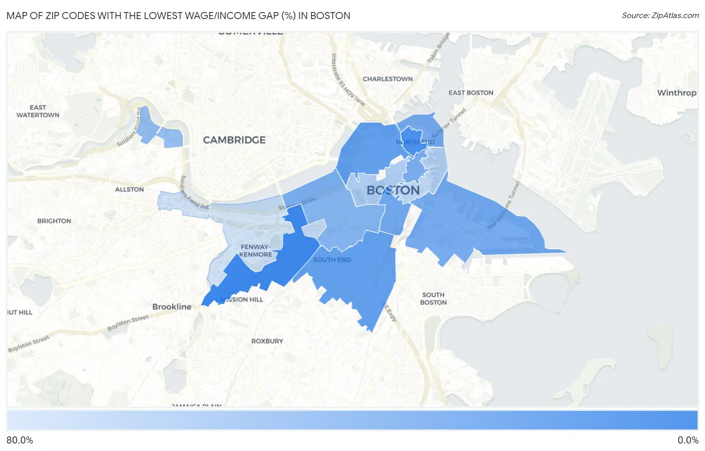 Zip Codes with the Lowest Wage/Income Gap (%) in Boston Map