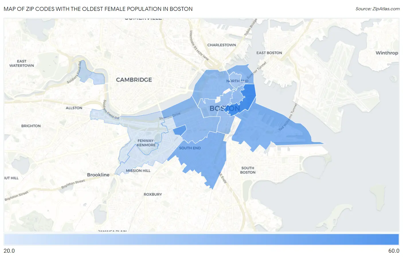 Zip Codes with the Oldest Female Population in Boston Map