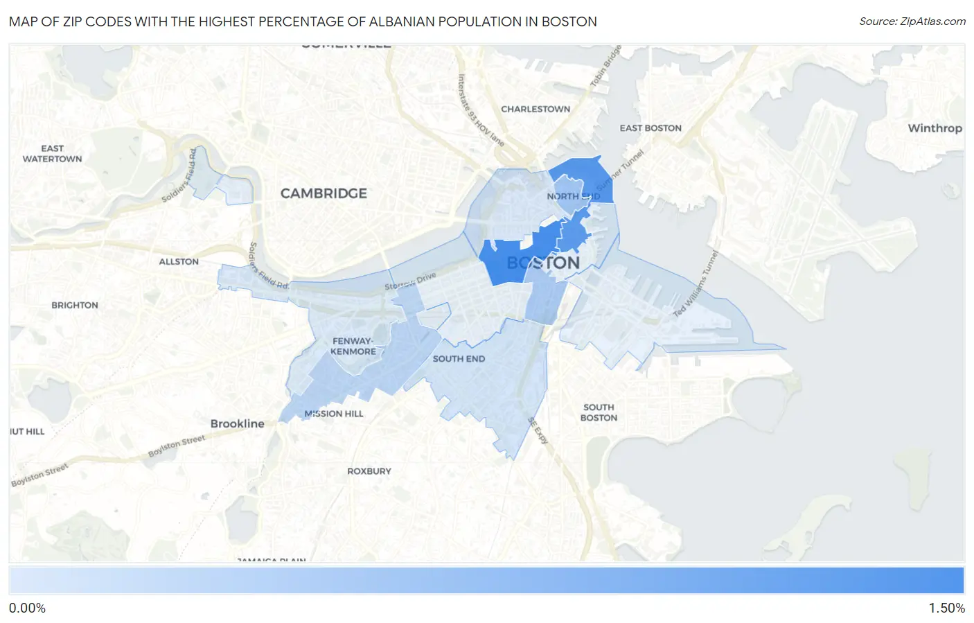 Zip Codes with the Highest Percentage of Albanian Population in Boston Map