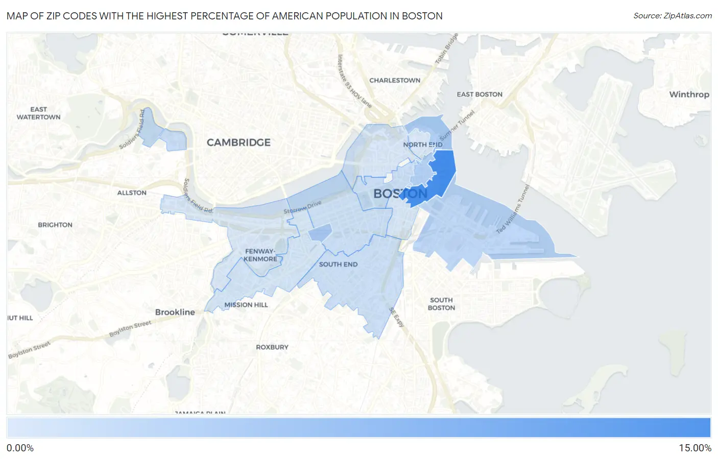 Zip Codes with the Highest Percentage of American Population in Boston Map