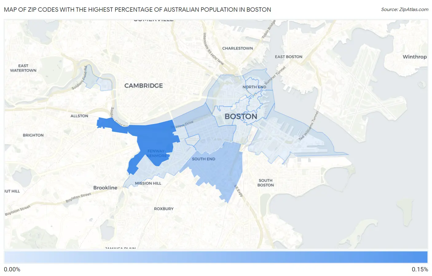 Zip Codes with the Highest Percentage of Australian Population in Boston Map