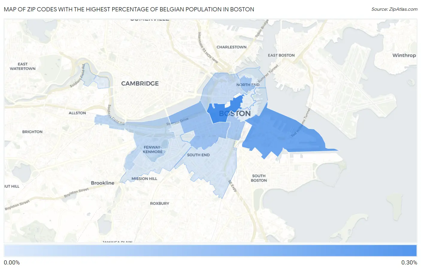 Zip Codes with the Highest Percentage of Belgian Population in Boston Map