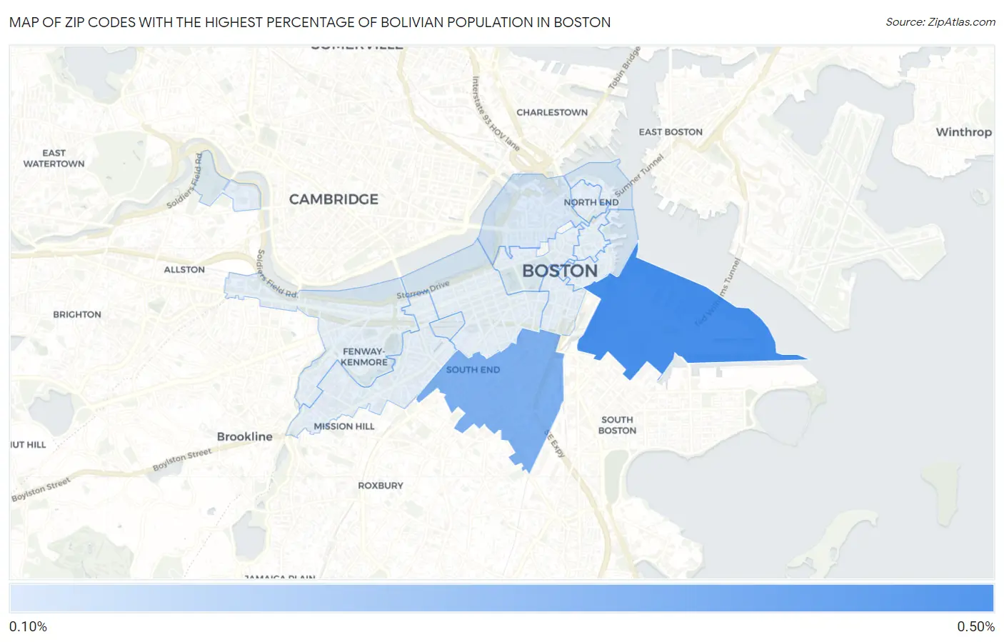Zip Codes with the Highest Percentage of Bolivian Population in Boston Map