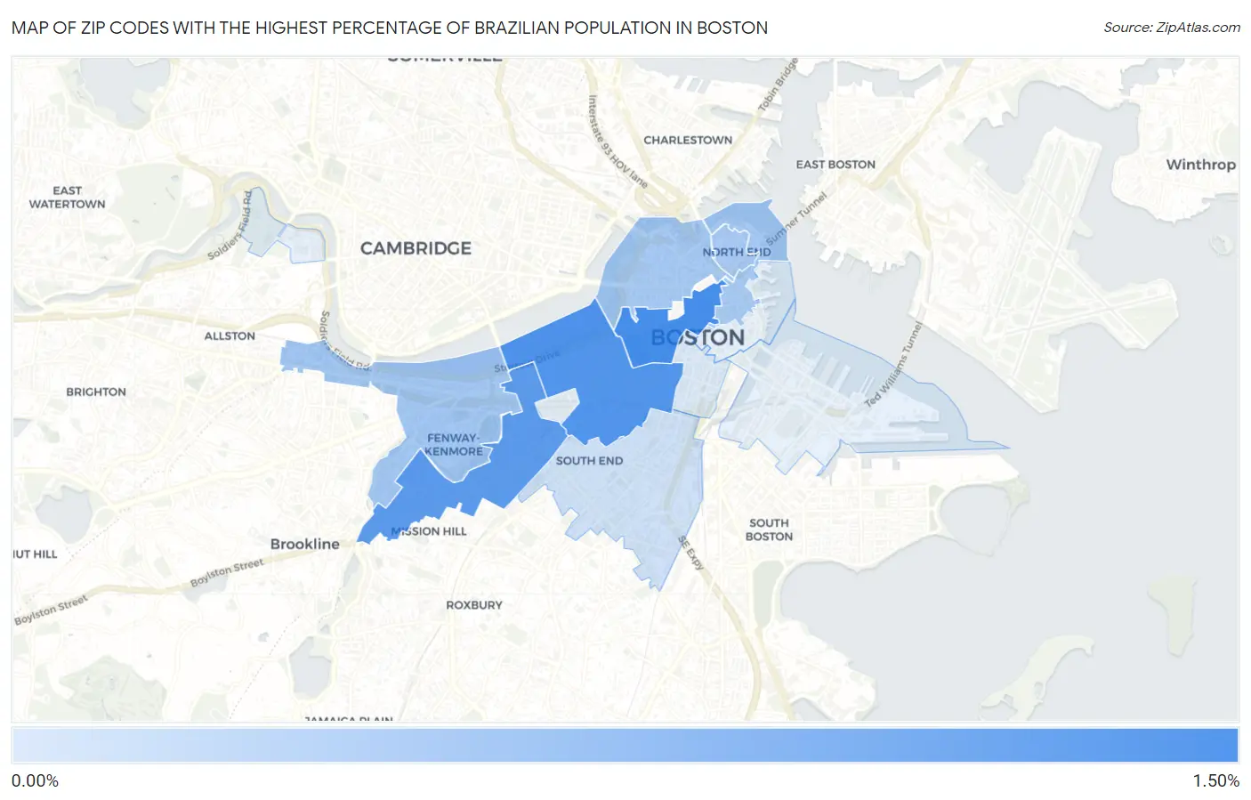 Zip Codes with the Highest Percentage of Brazilian Population in Boston Map