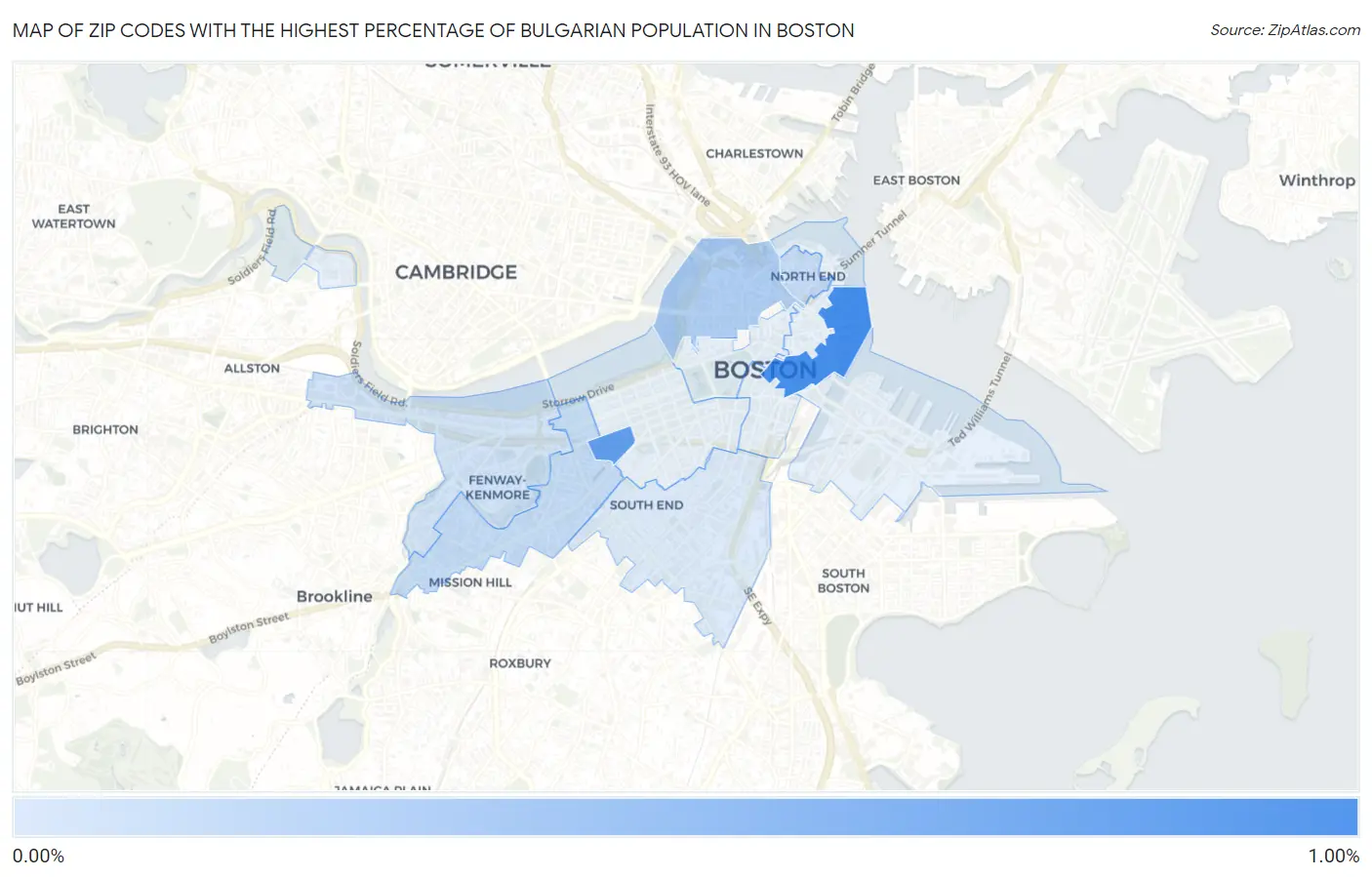 Zip Codes with the Highest Percentage of Bulgarian Population in Boston Map