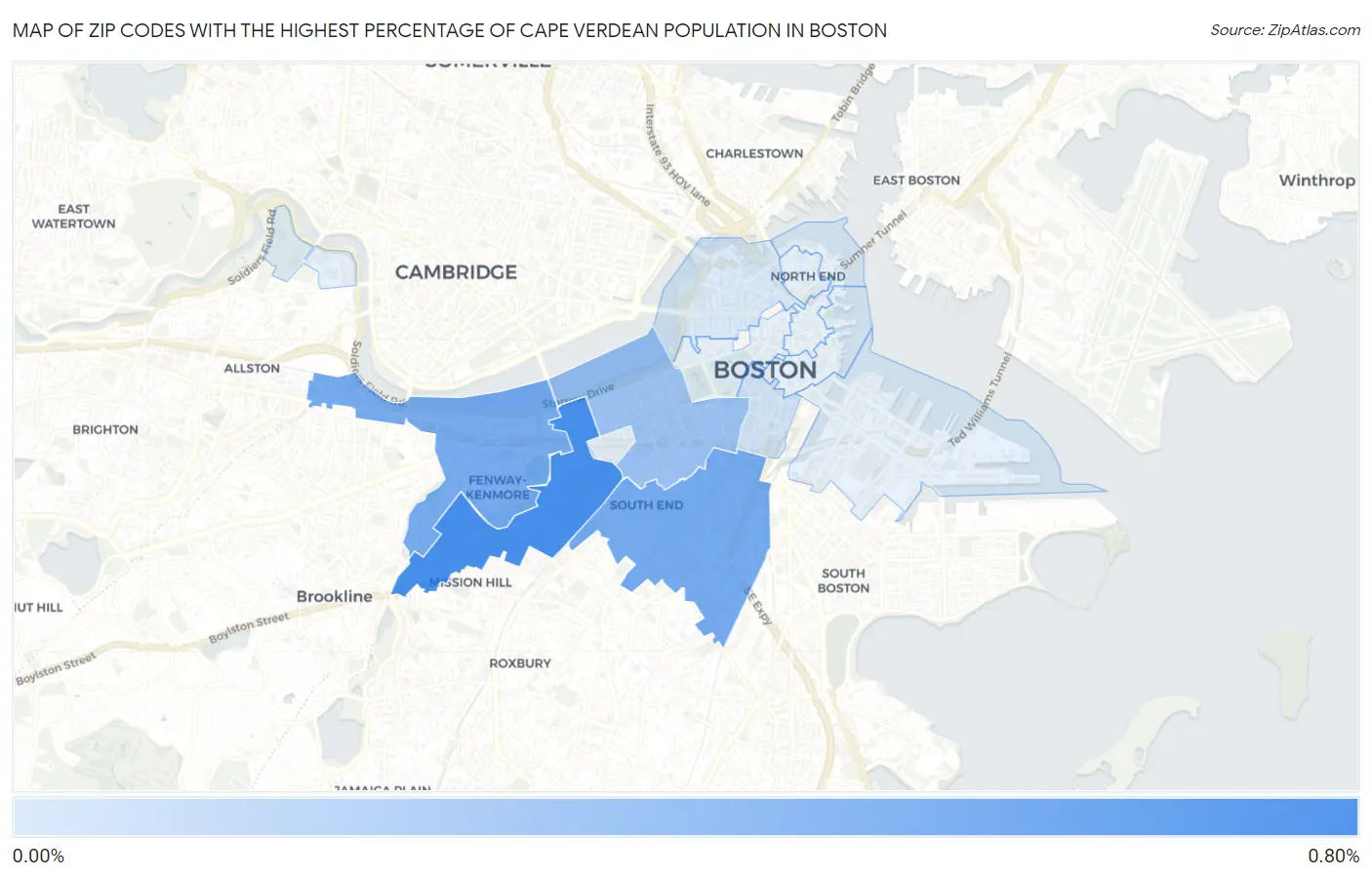 Zip Codes with the Highest Percentage of Cape Verdean Population in Boston Map
