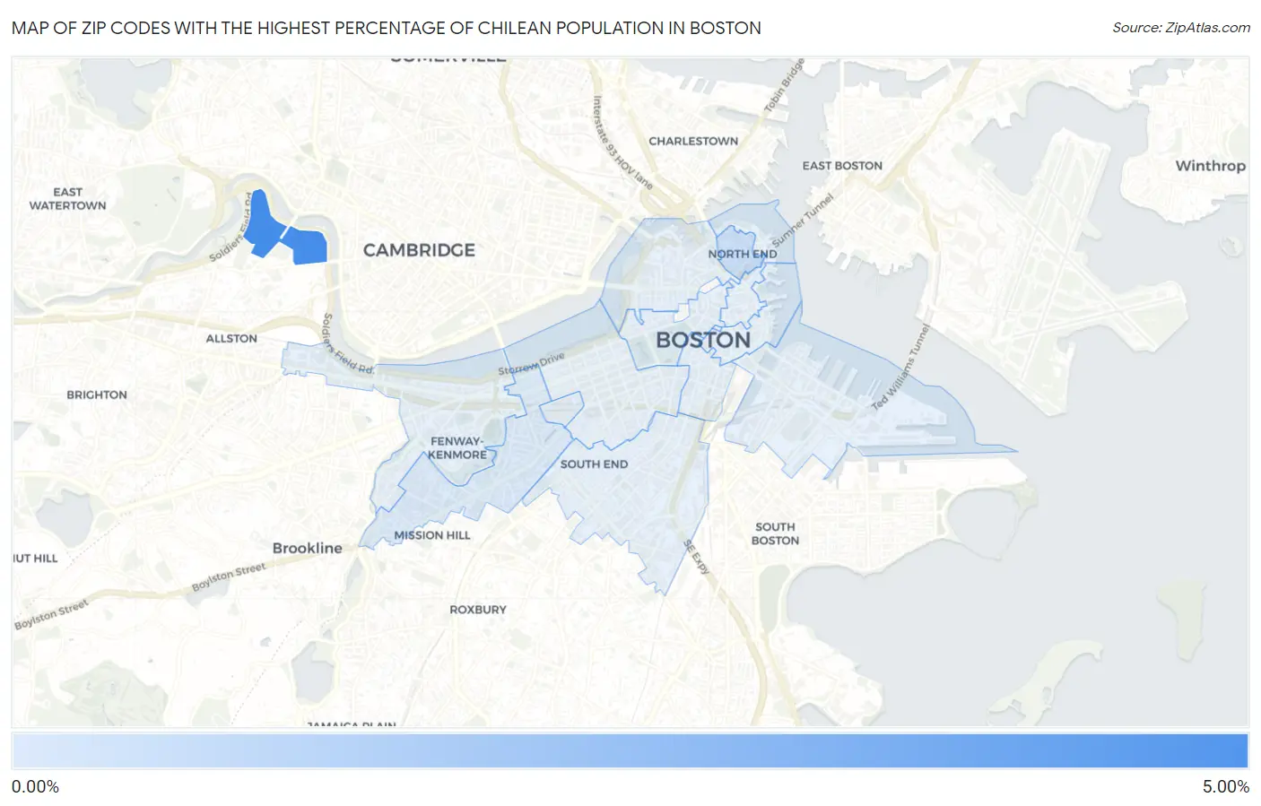 Zip Codes with the Highest Percentage of Chilean Population in Boston Map
