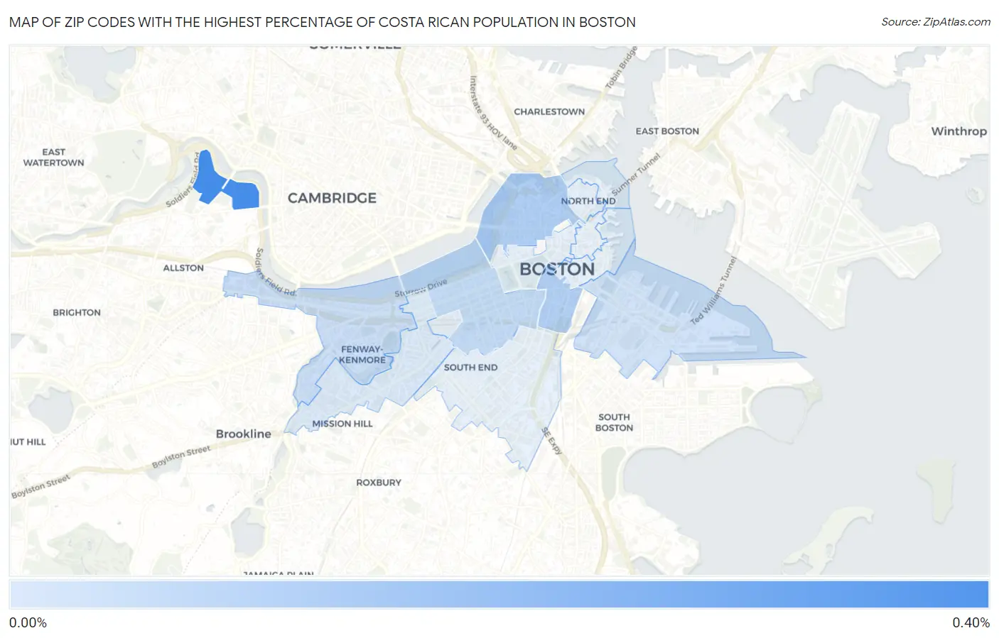 Zip Codes with the Highest Percentage of Costa Rican Population in Boston Map