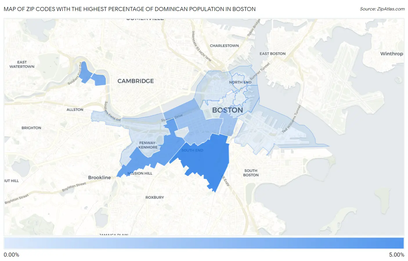 Zip Codes with the Highest Percentage of Dominican Population in Boston Map