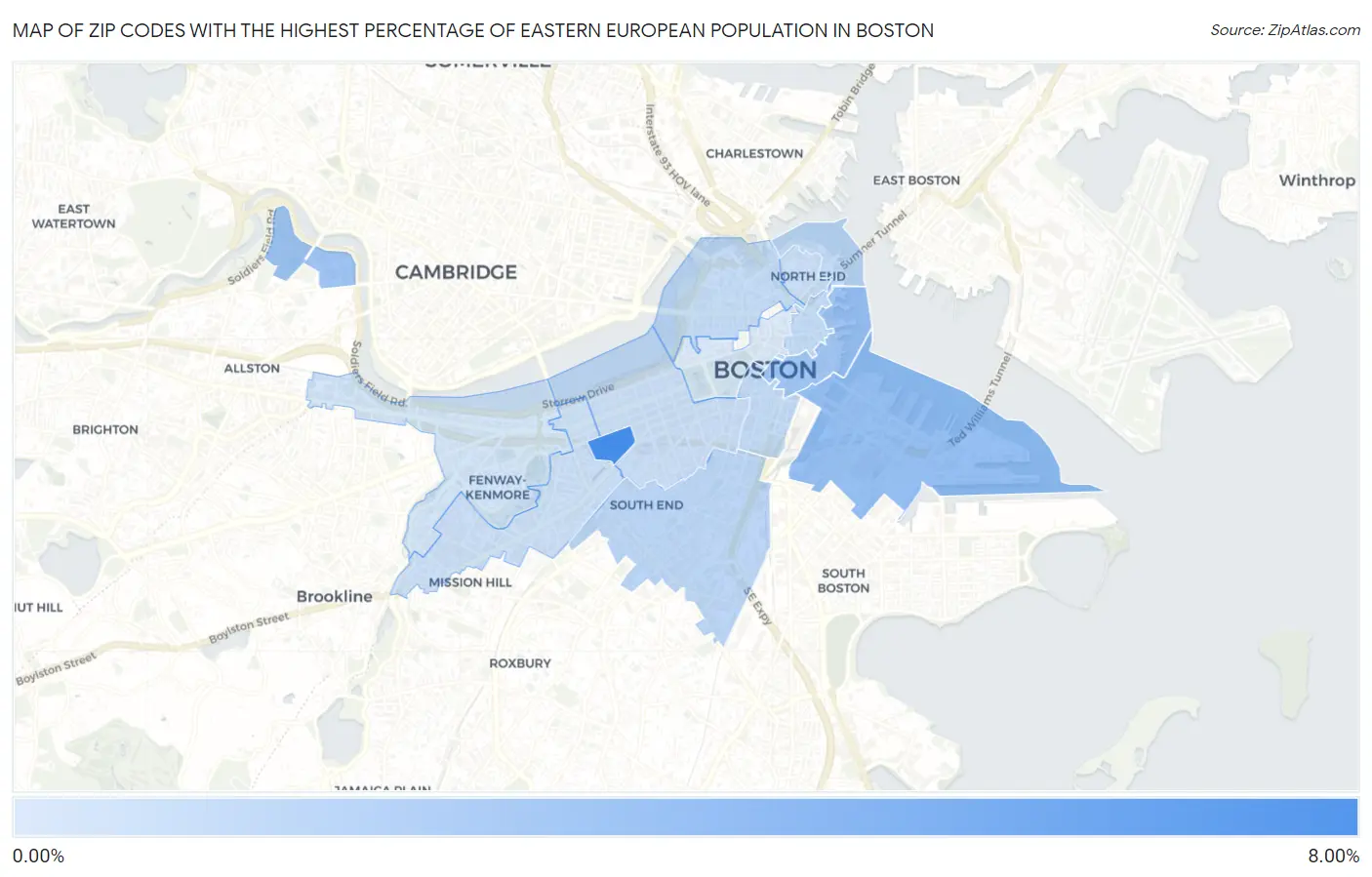 Zip Codes with the Highest Percentage of Eastern European Population in Boston Map