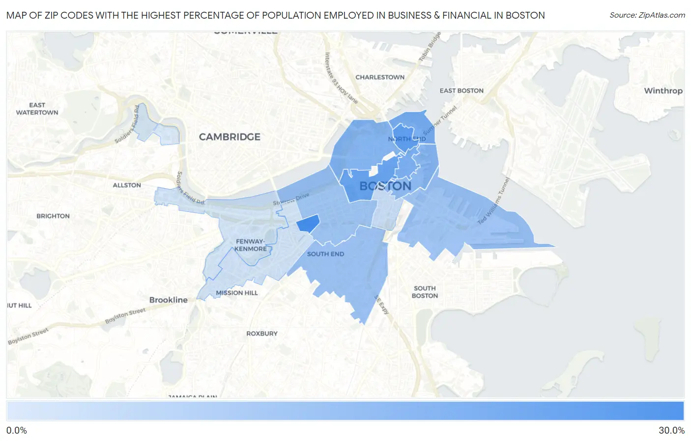 Zip Codes with the Highest Percentage of Population Employed in Business & Financial in Boston Map