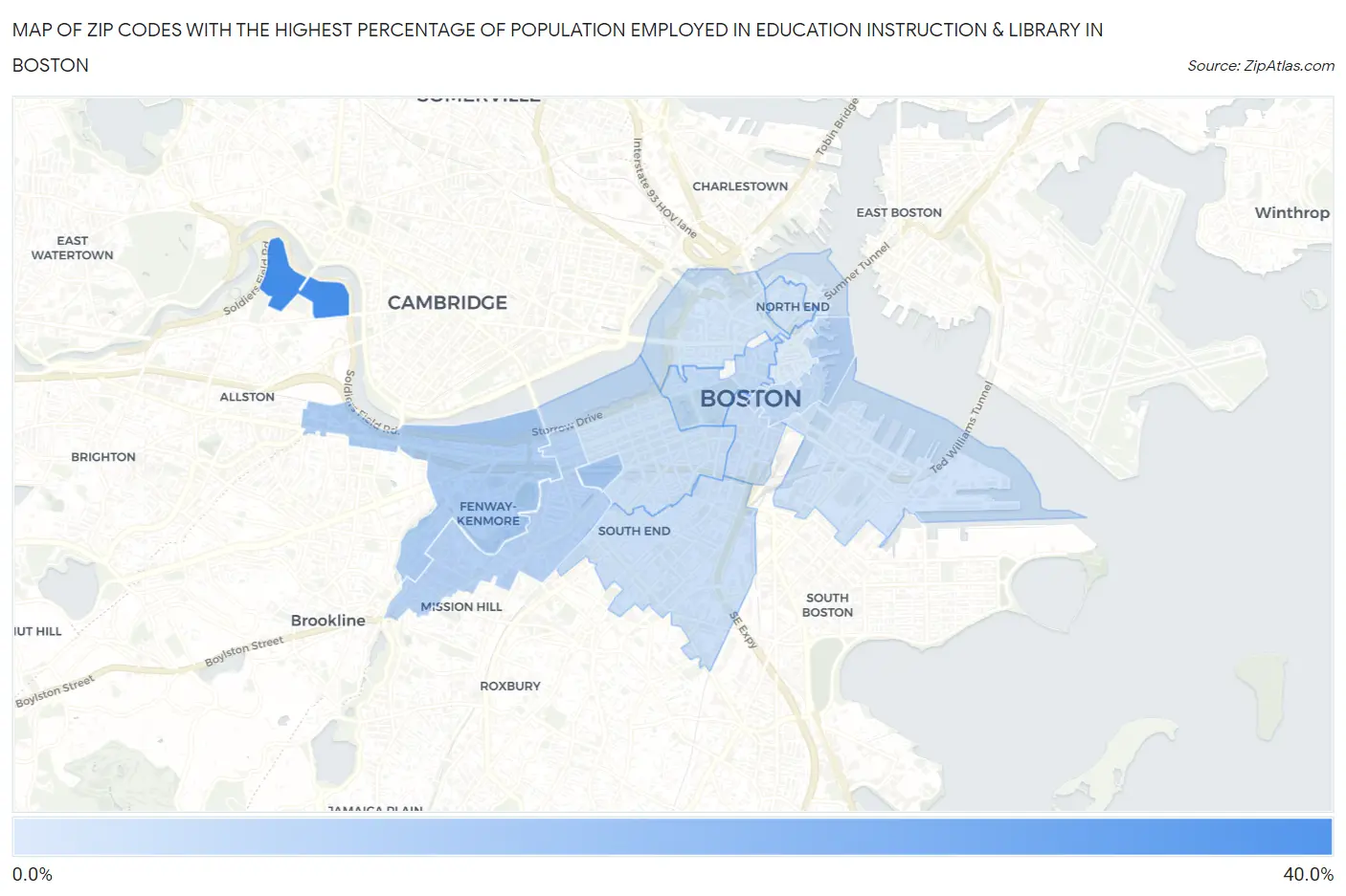 Zip Codes with the Highest Percentage of Population Employed in Education Instruction & Library in Boston Map