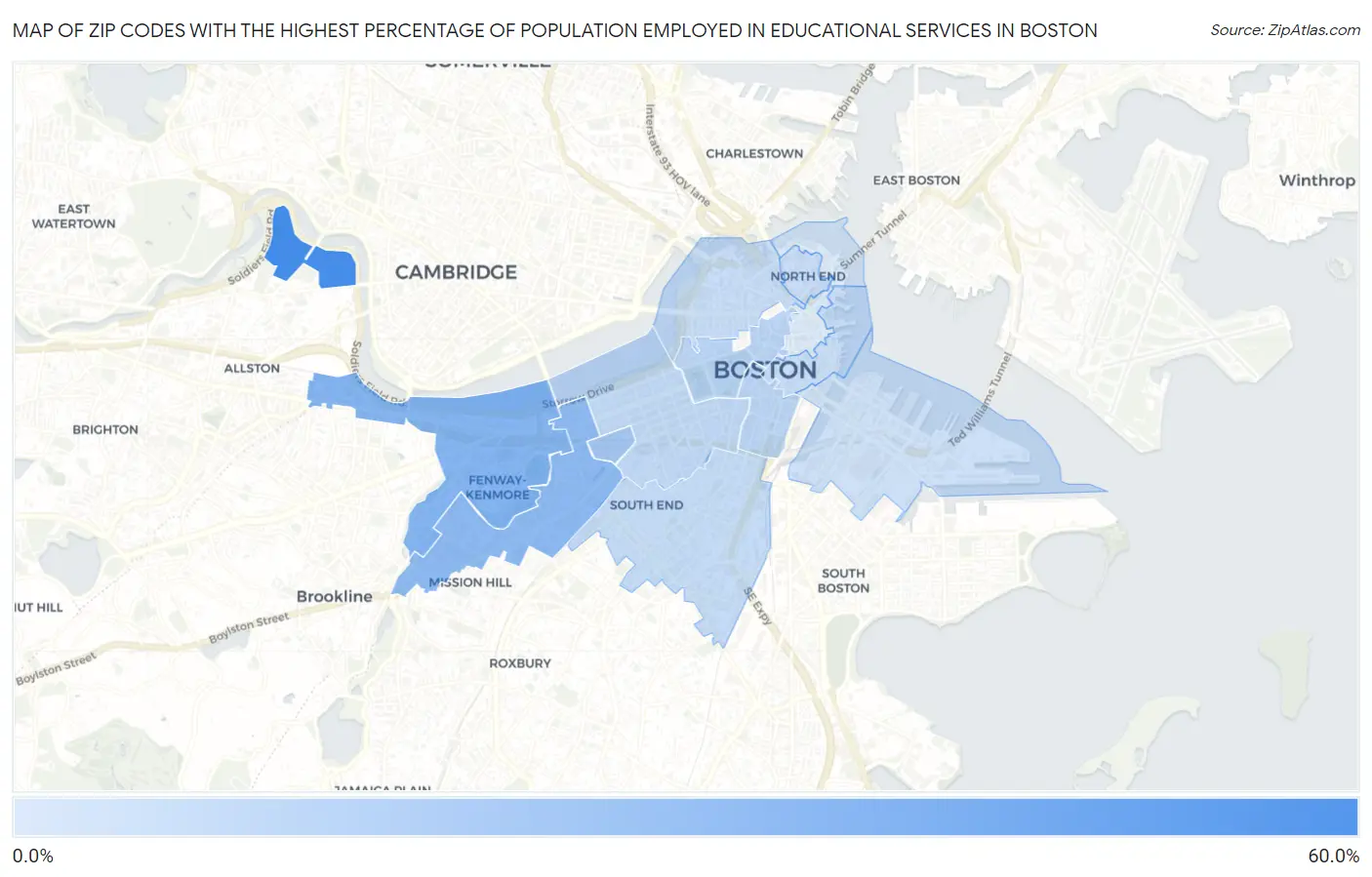 Zip Codes with the Highest Percentage of Population Employed in Educational Services in Boston Map