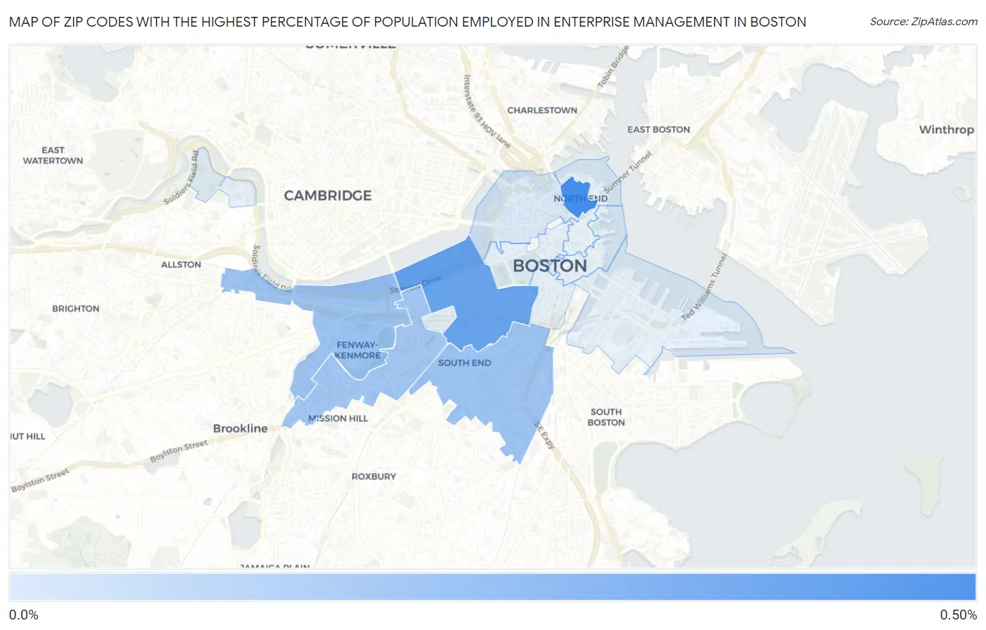 Zip Codes with the Highest Percentage of Population Employed in Enterprise Management in Boston Map
