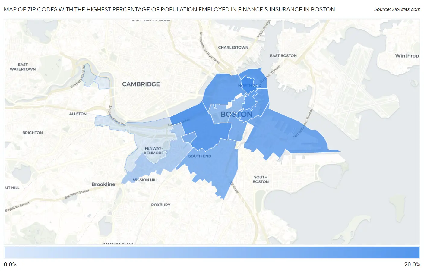 Zip Codes with the Highest Percentage of Population Employed in Finance & Insurance in Boston Map