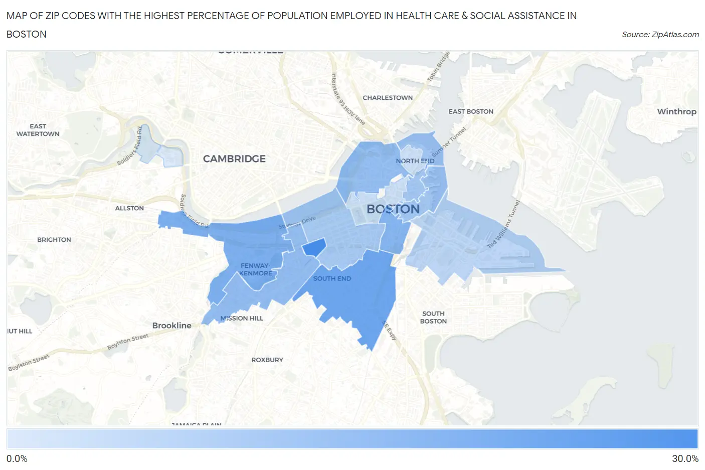 Zip Codes with the Highest Percentage of Population Employed in Health Care & Social Assistance in Boston Map